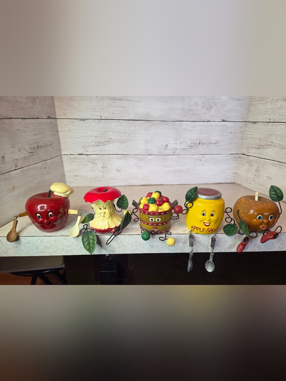 Vintage Anthropomorphic Apple Shelf Sitters Set 5 Kitchen Decor Fruit Figures